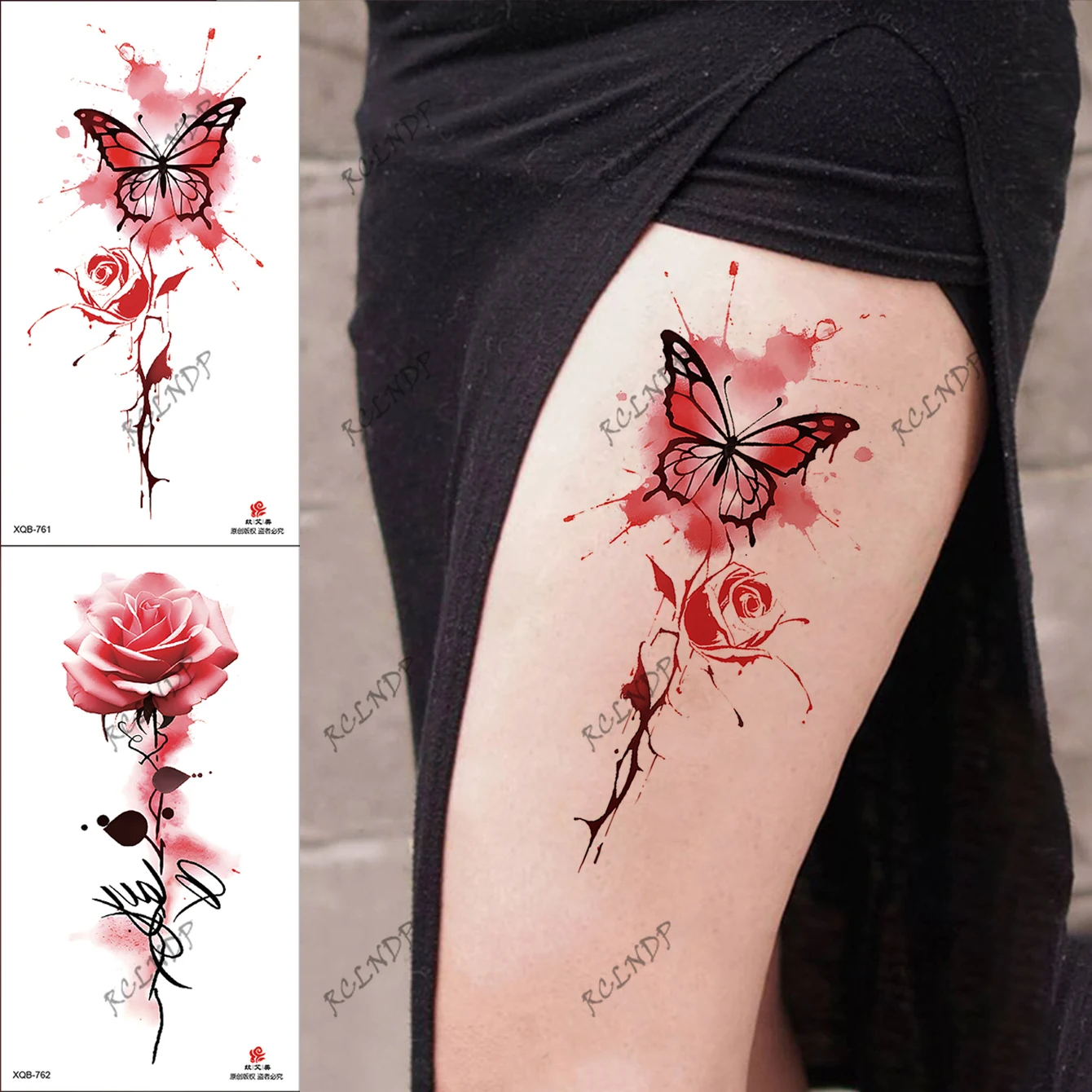 

2pcs Waterproof Temporary Tattoo StickerWatercolor Painting Style Butterfly Flower Fake Tatto Flash Tatoo Tato for Girl Women