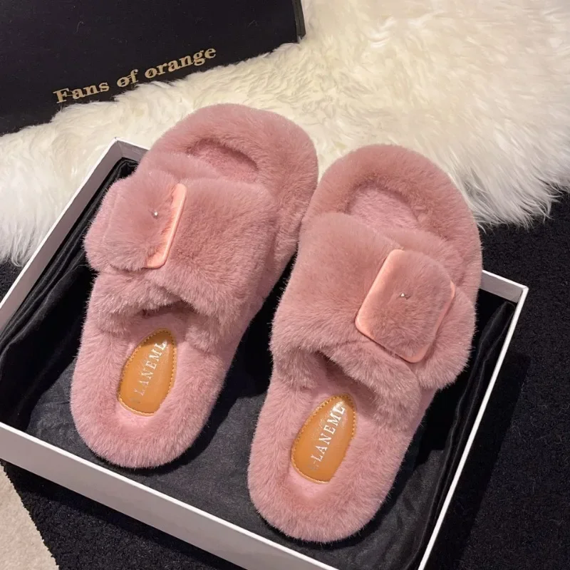 Damen neue lässige Snap-on-Leder bedruckte Plüsch pantoffeln einfarbige Home Fashion bequeme Baumwoll pantoffeln für Außen bekleidung