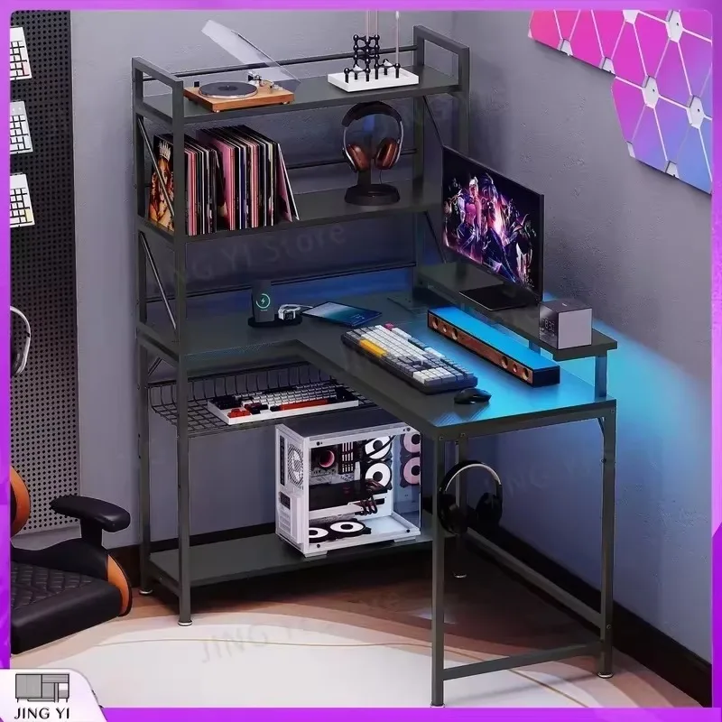 L Shaped Gaming Desk Carbon Fiber Black Corner Desk 106cm with Power Outlets LED Lights Storage Shelves Computer Desk