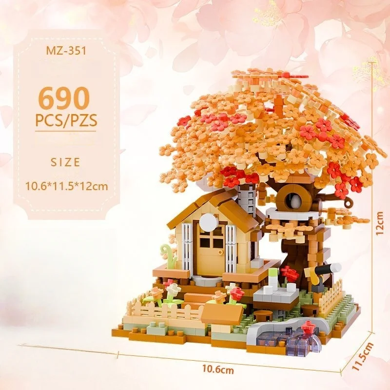 600+ Teile Vierfarbiger Kirschblüten-Baumhaus-Baustein-Bausatz, Schlafzimmer- und Arbeitszimmer-Montage-Display, Weihnachtsgeschenk (ohne Box) – Detail 8