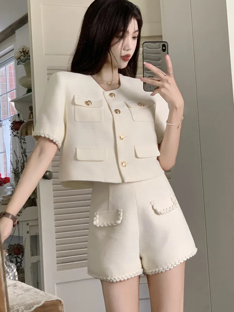 High Street French Elegant Fashion Small Fragrance Two Piece Set Women Short Jacket Coat + Short Sets Summer 2-częściowe zestawy spodni