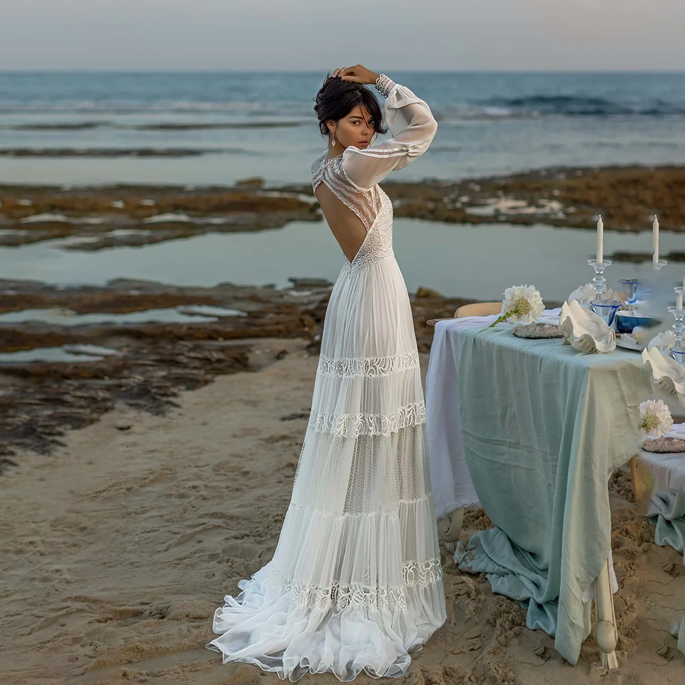 Boho Wedding Dress Long Sleeve Deep V Neck Lace Chiffon Open Back Romantic Vintage Tiered Beach Bridal Gown with Train for Bride