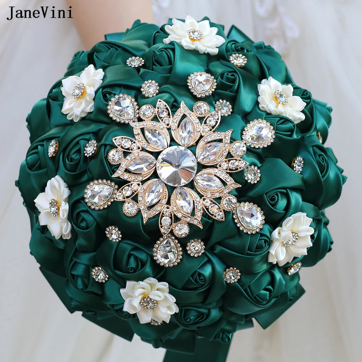 JaneVini Customized Dark Green Bridal Brooch Bouquets Artificial Satin Roses Golden Rhinestones European Wedding Bouquet Flowers