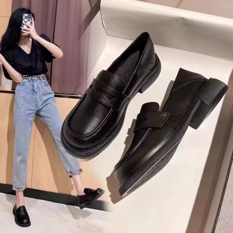 Mocasines negros de estilo universitario con suela gruesa y punta redonda para mujer, zapatos versátiles de estilo británico, zapatos de vestir formales 2025JKShoes