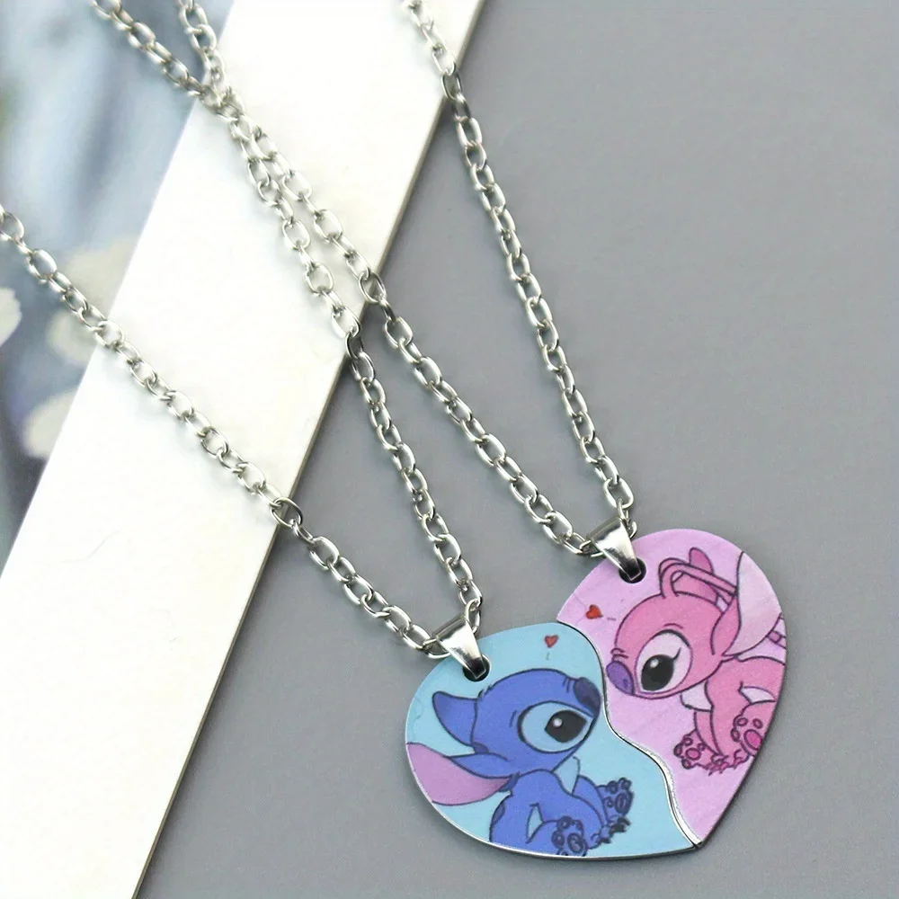 Lilo and Stitch Couple Necklace Cute Cartoon Anime Keychain Kawaii Pendant Matching Jewelry Accessories BFF Friendship Girl Gift