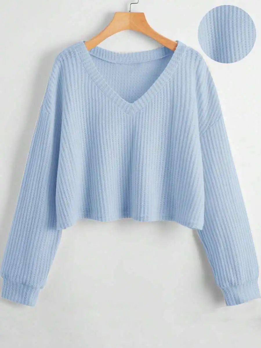

Womens V-Neck Long Sleeve Cropped Knitted Top Sky Blue Casual Autumn Winter