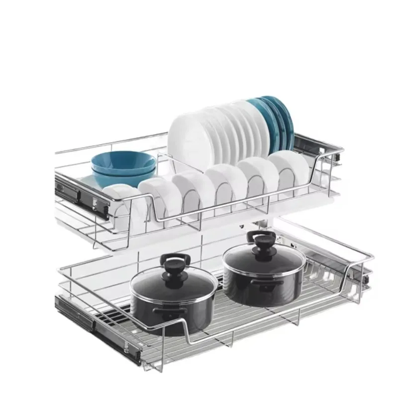 

Modern double kitchen storage organizer sliding cupboard closet accessories with metal pull-out drawers and wire baskets
