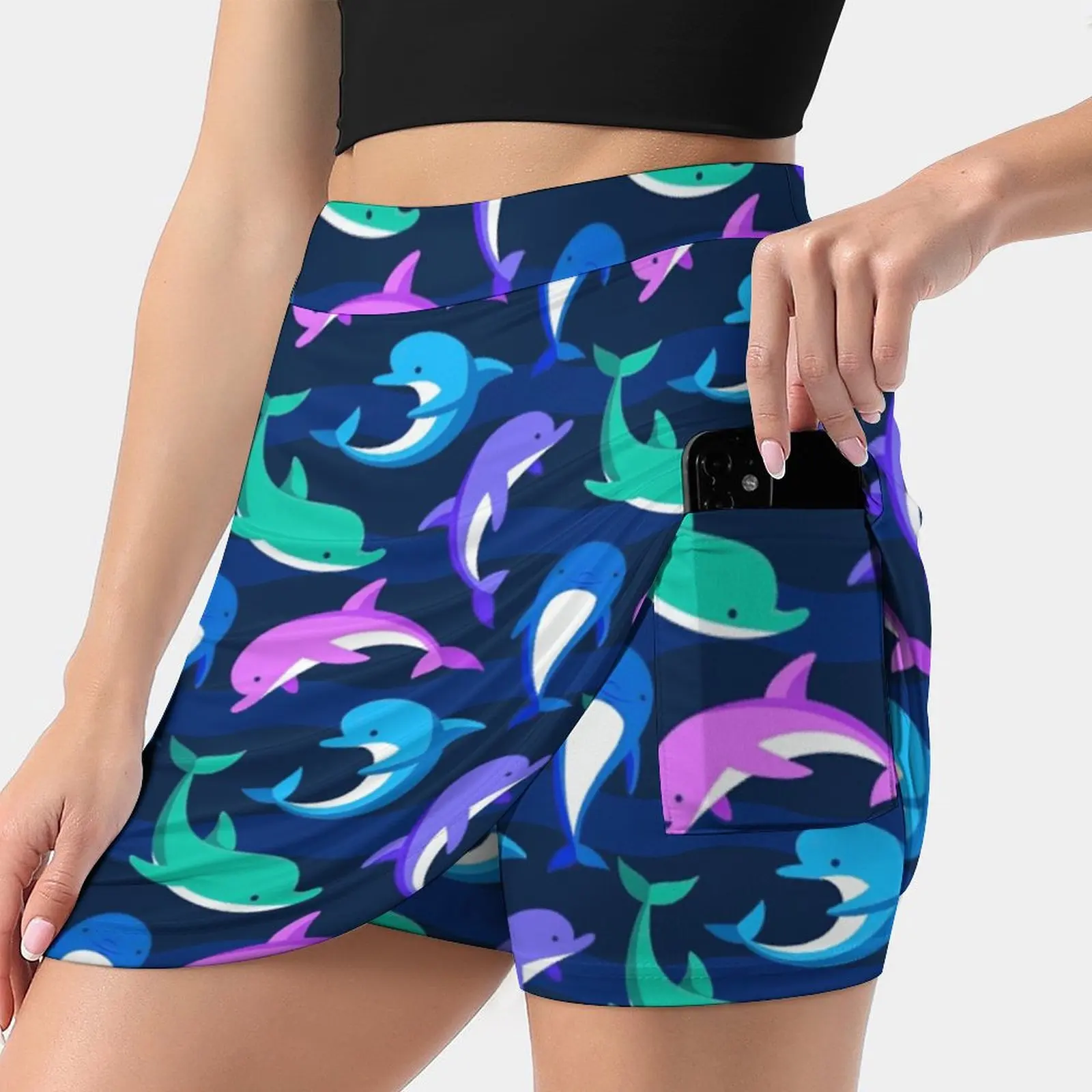 Funny Multicolor Dolphins On Dark Blue Background New Women Skirts Double-Layer Printed Short Dress Mini Sport Skirt Dolphin