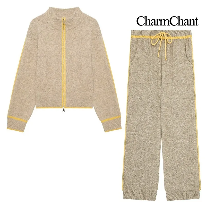 CHARMCHANT Women's Color Block Knit Set Zip Up Sweater Stand Collar Drawstring Wide Leg Pants Outfit Street Casual 2026 Autumn
