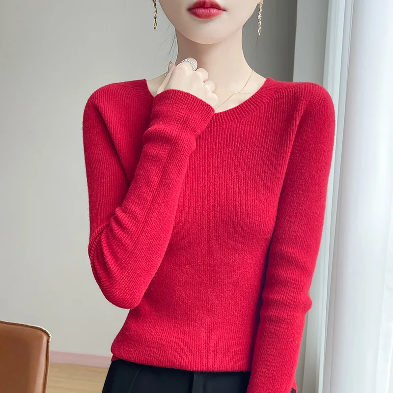 

Women's 100% pure wool women's round neck slim Joker autumn and winter new knitted commuter bottoming shirt