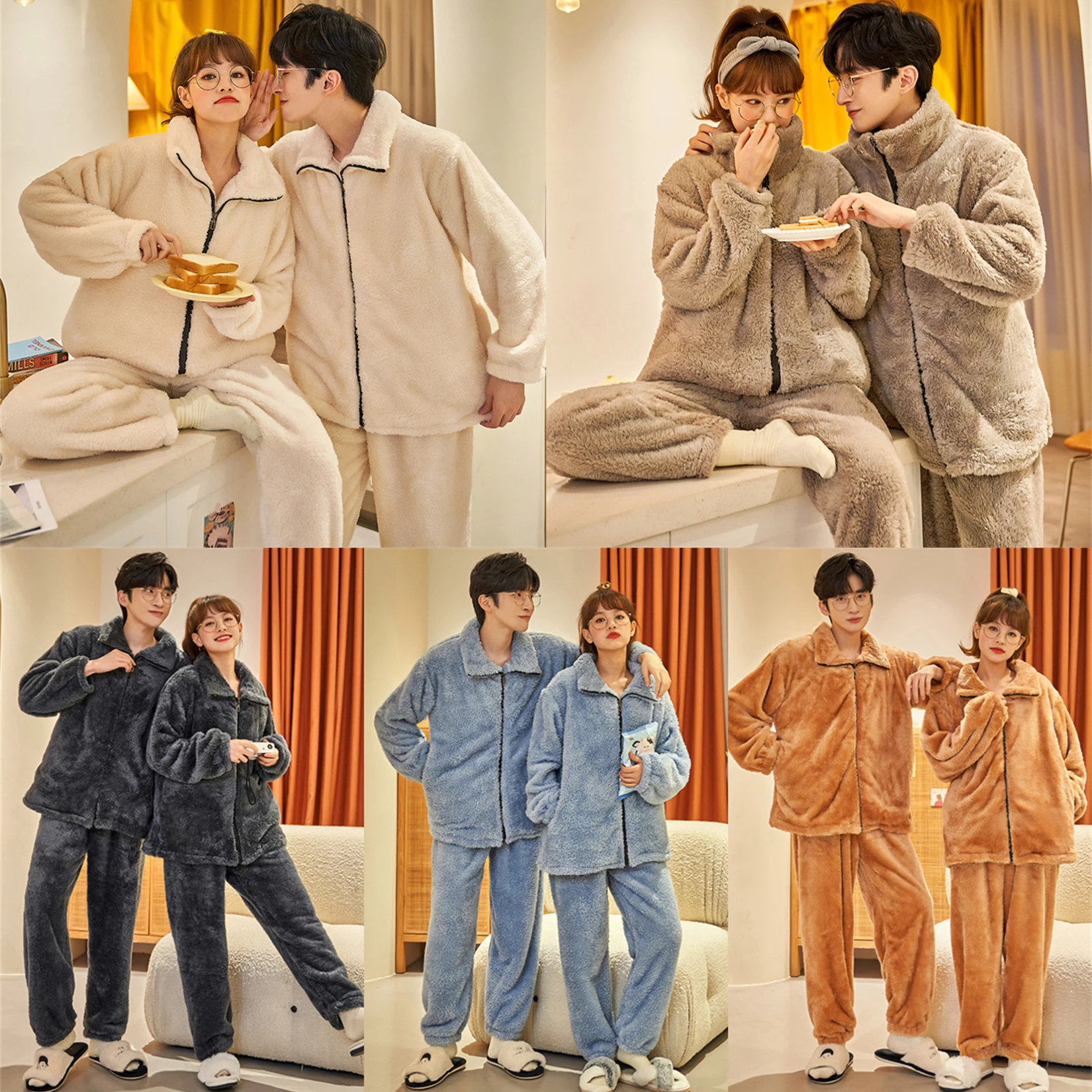 Pyjama en peluche pour couple, cardigan à fermeture éclair, flanelle épaissie, costume ample, vêtements de maison en polaire pour hommes et femmes, automne et hiver