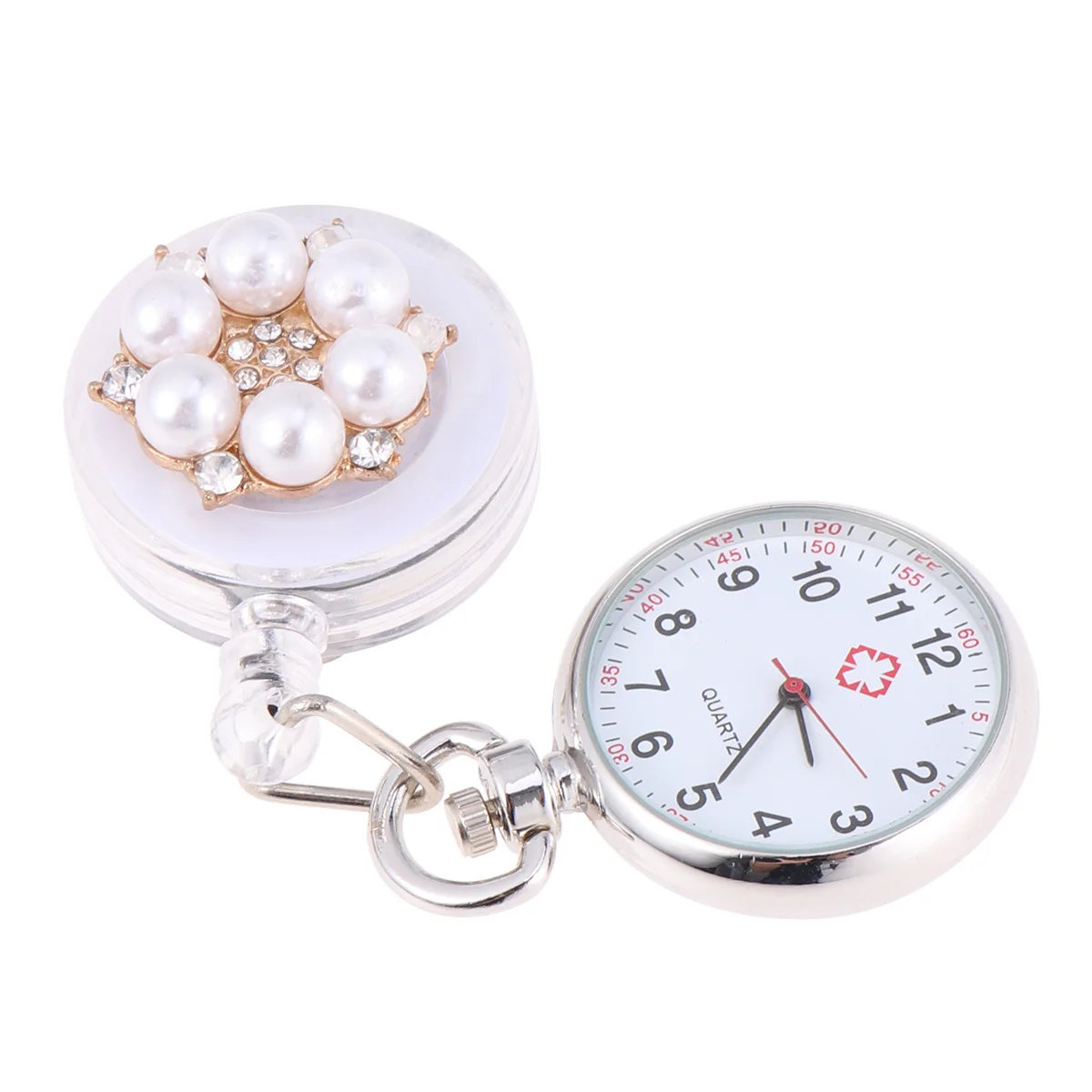 

1Pcs Nurse Pocket Watch Durable Pearl Decor Pin Clip Watch Fob Watches Clear Number Accurate Time