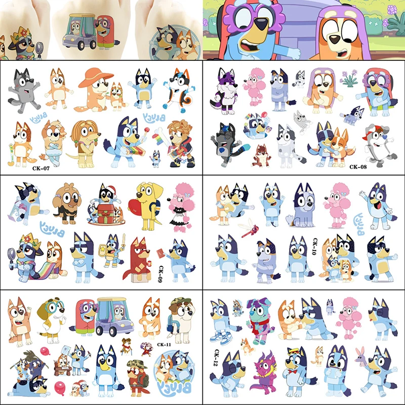 Hot Sale Bluey And Bingo Family Members PVC Tattoo Stickers Water Transfer Disposable Stickers Kids Birthday Party Gifts Toys