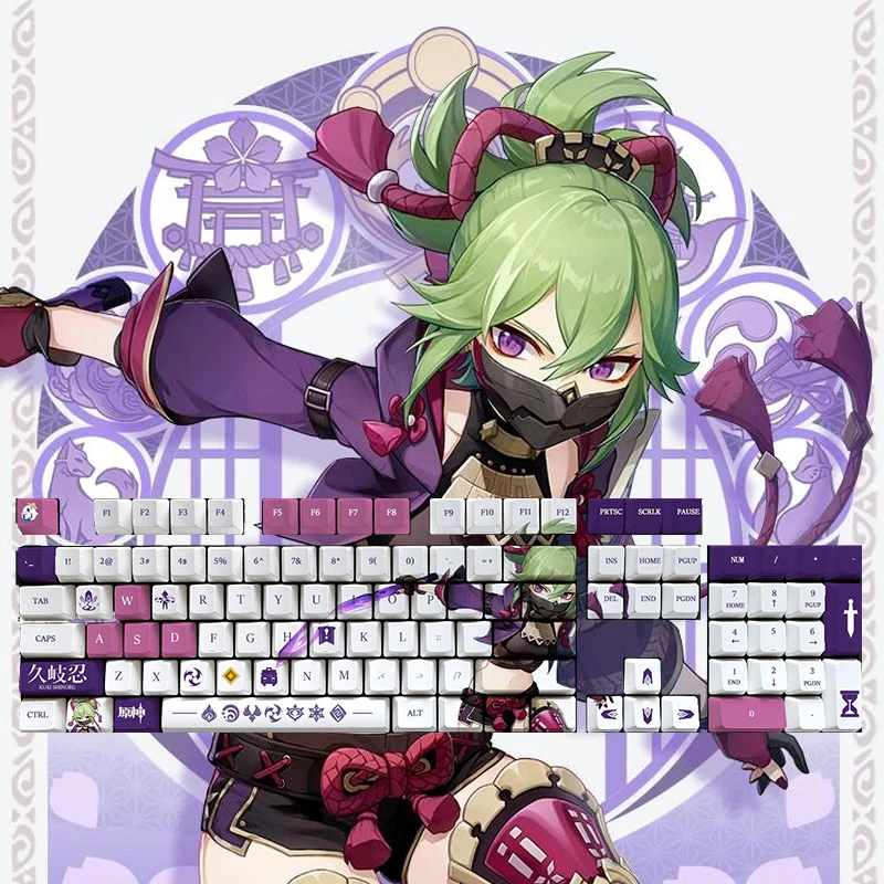 

Колпачки для клавиатуры Genshin Impact, аксессуары для косплея, колпачки для клавиш Kuki Shinobu с 108 клавишами, колпачки для клавиш аниме, высота Oem
