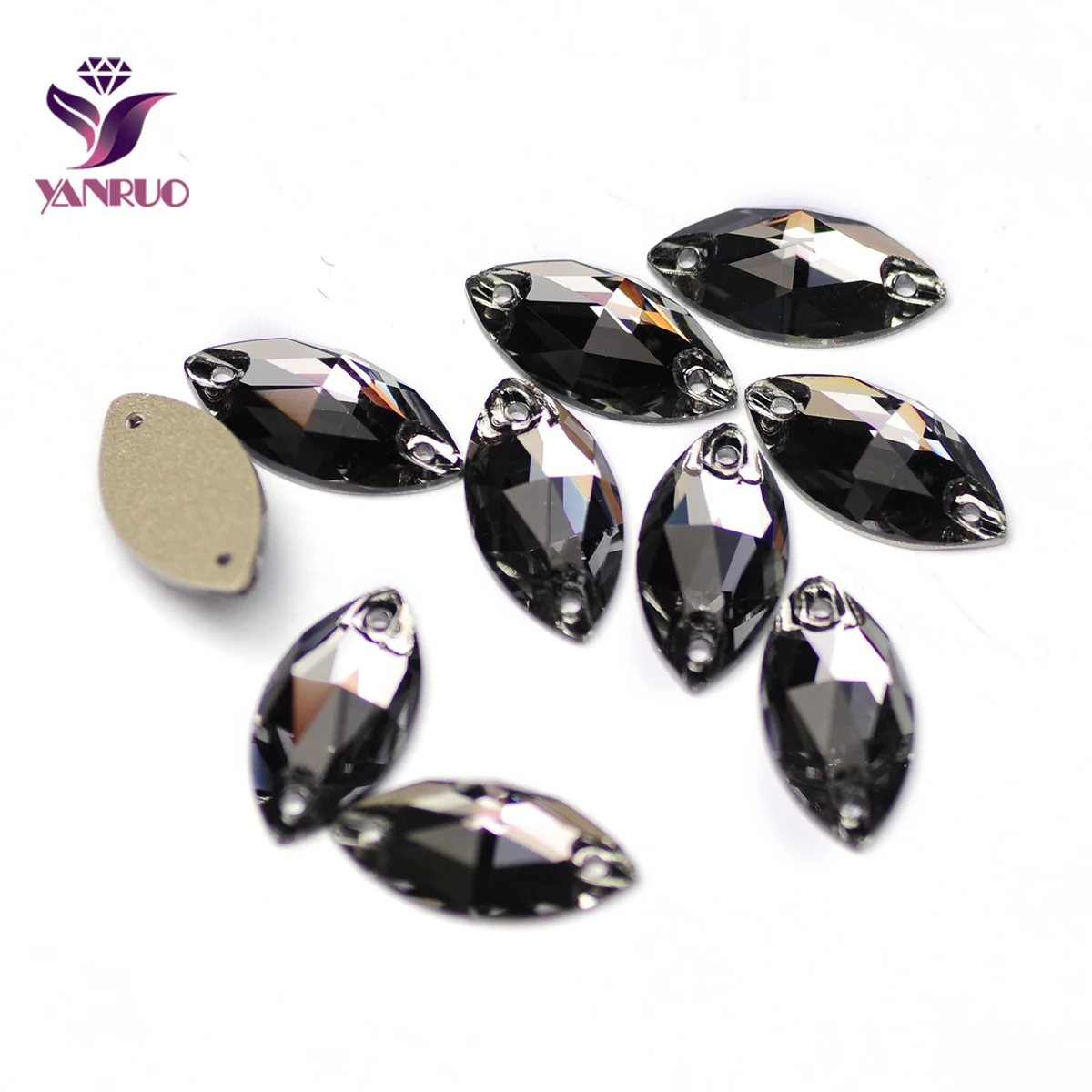 YANRUO 3223 Navette Black Diamond Sew On Rhinestone Crystals Stones Flatback Grey Rhinestones Crystal Glass Customs Custom