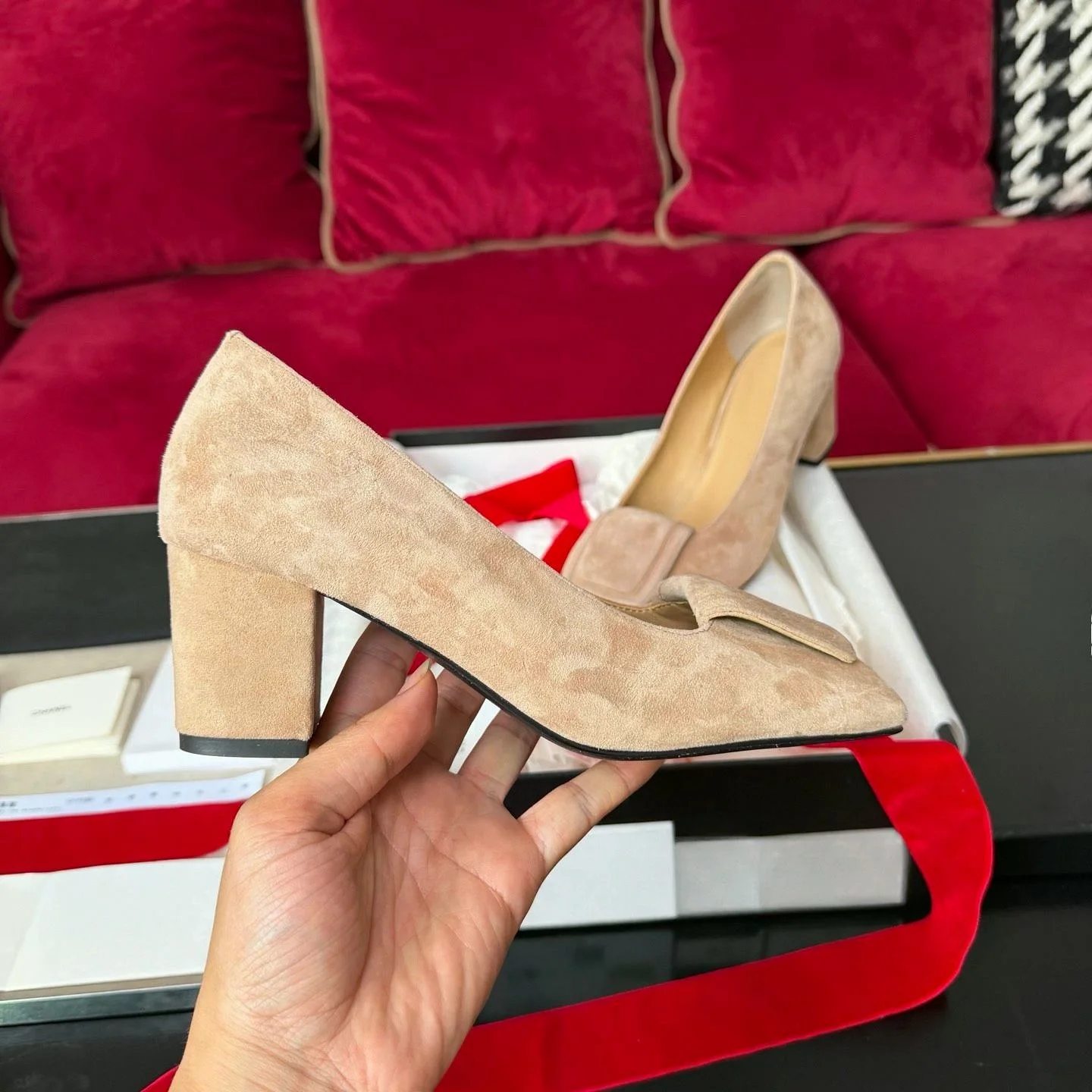 Women Square Toe Pumps Beige Suede Square Buckle Block Heel Shoes Slip‑on Faux Suede High Heels Office Work Dress Pumps For Ladie