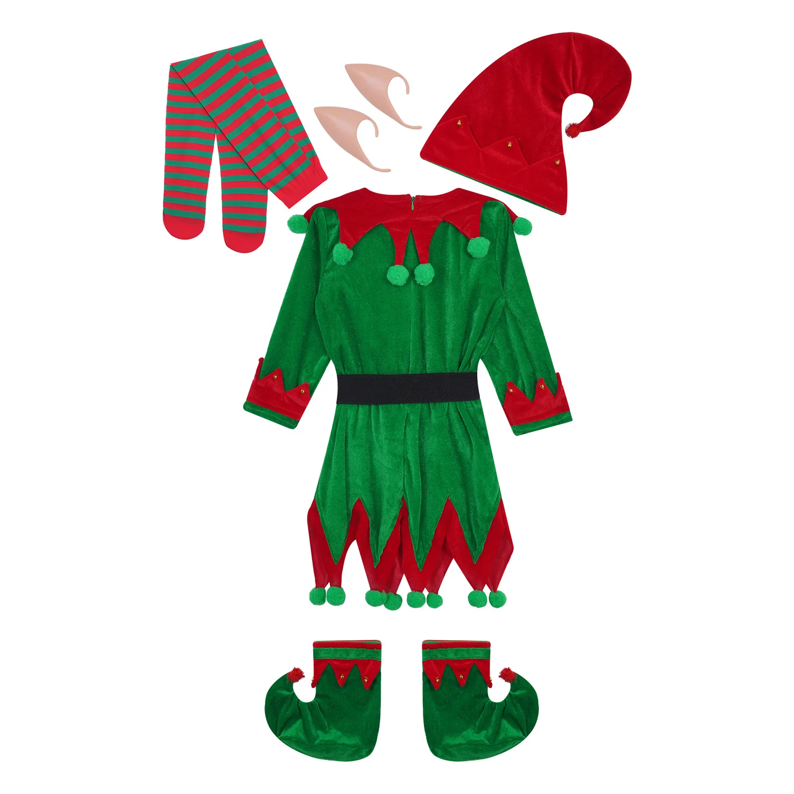 Adult Unisex Christmas Outfit Xmas New Year Party Elf Cosplay Costume Dress with Ears Xmas Hat Belt Shoes Striped Stockings Set