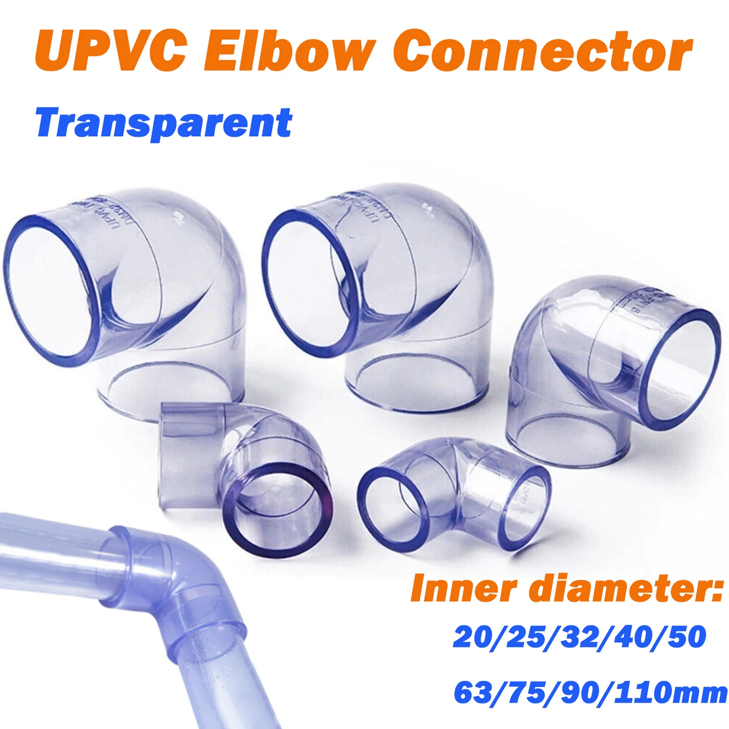 

1 шт., прозрачный коленчатый соединитель из ПВХ, 20 мм ~ 110 мм, равный диаметр, соединения для труб из ПВХ, садовый ирригационный аквариум, соединители для водопроводных труб