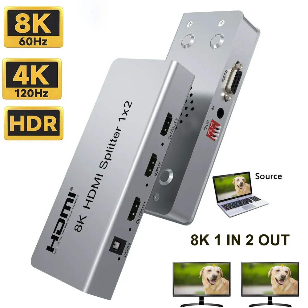 

8K HDMI Splitter 1x2 4K 120Hz HDMI 2.1 Splitter 1 In 2 Out Audio Video Distributor HDR 3D for PS5 PS4 Camera PC To TV Monitor