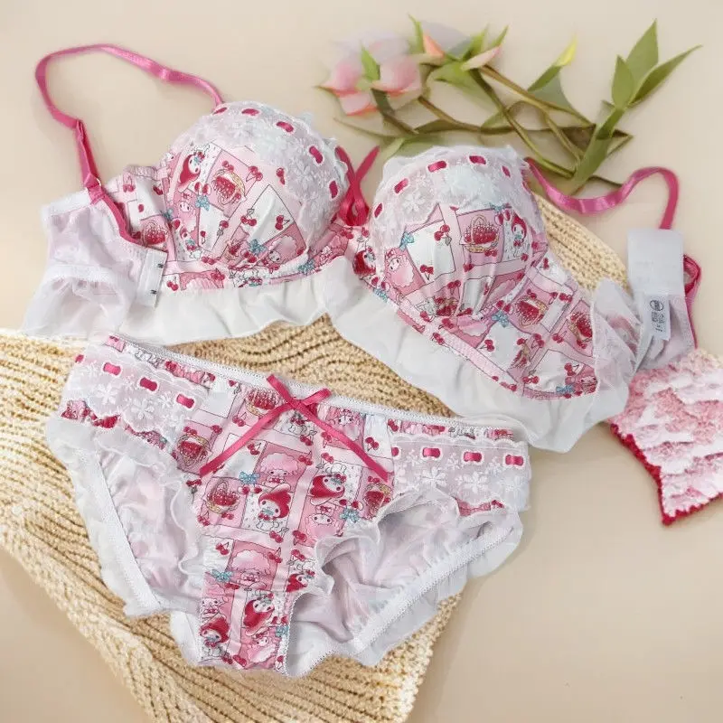 

Cartoon Sanrio My Melody Girls Underwear Cartoon Anime Print Lace Edge Accessories Pure Desire Push-up Bra Cute Clothes Set