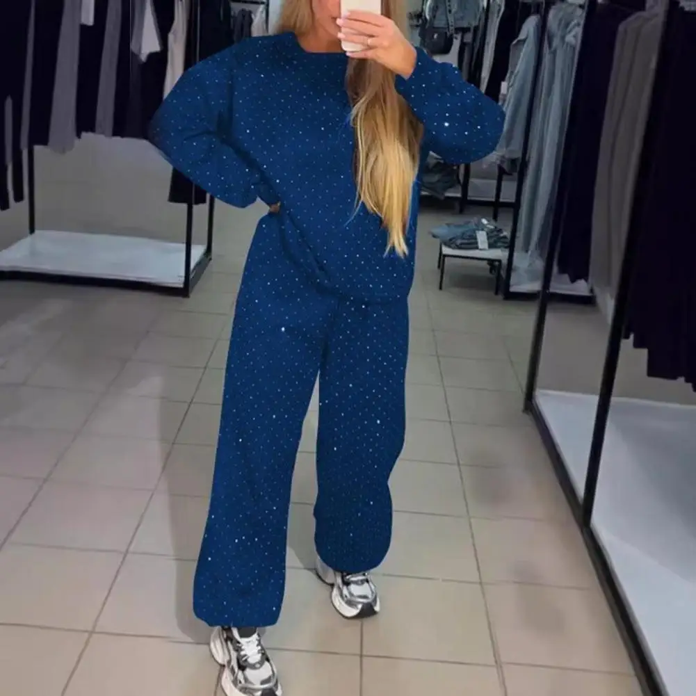 

Women Spring Suit Women's Rhinestone Decor Sweatshirt Wide Leg Trousers Set for Daily Wear Sport Outfit Round Neck Long for Fall