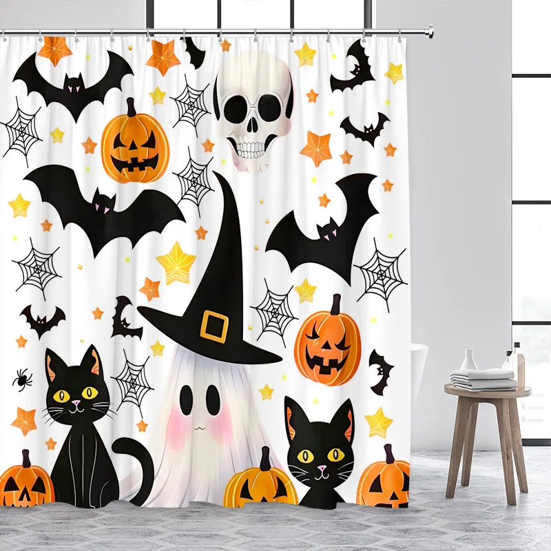 Cartoon Halloween Shower Curtains Black Bat Cat Ghost Pumpkin Skull Bath Curtain Set Fabric Home Bathroom Decoration with Hooks