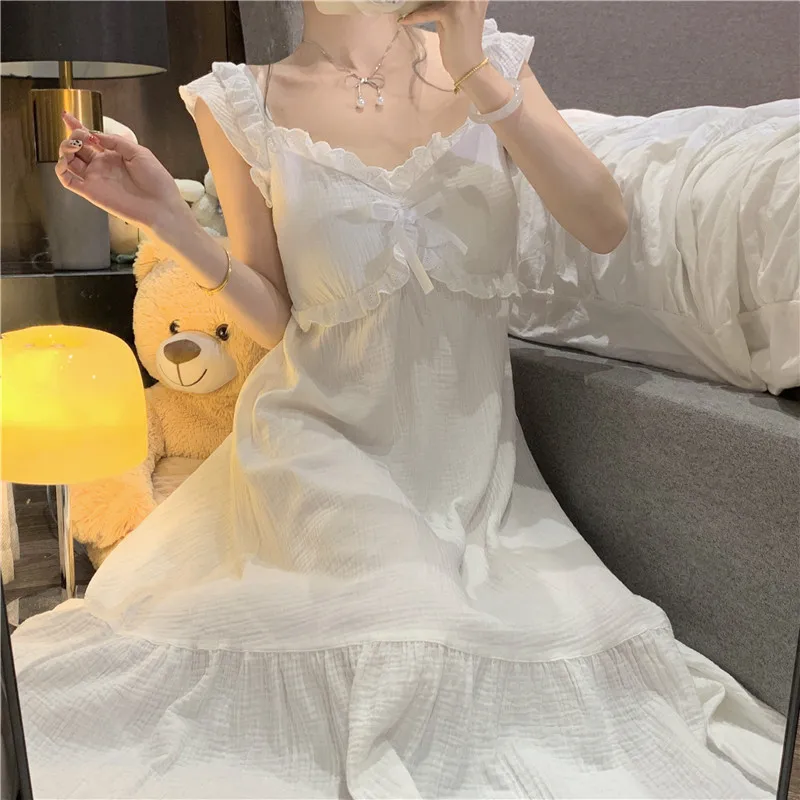 Sweet Wavy Lace Decoration Padded Suspender Nightgown for Women Long Style Summer 2024 New Pajamas Home Wear Set Drop Shipping