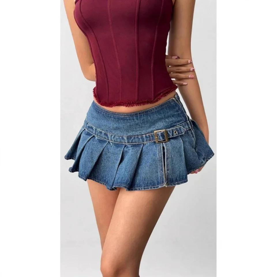 2026 Spring New Sexy Ultra Low Waist Denim Pleated Mini Skirt Metal Decoration Black Blue Optional