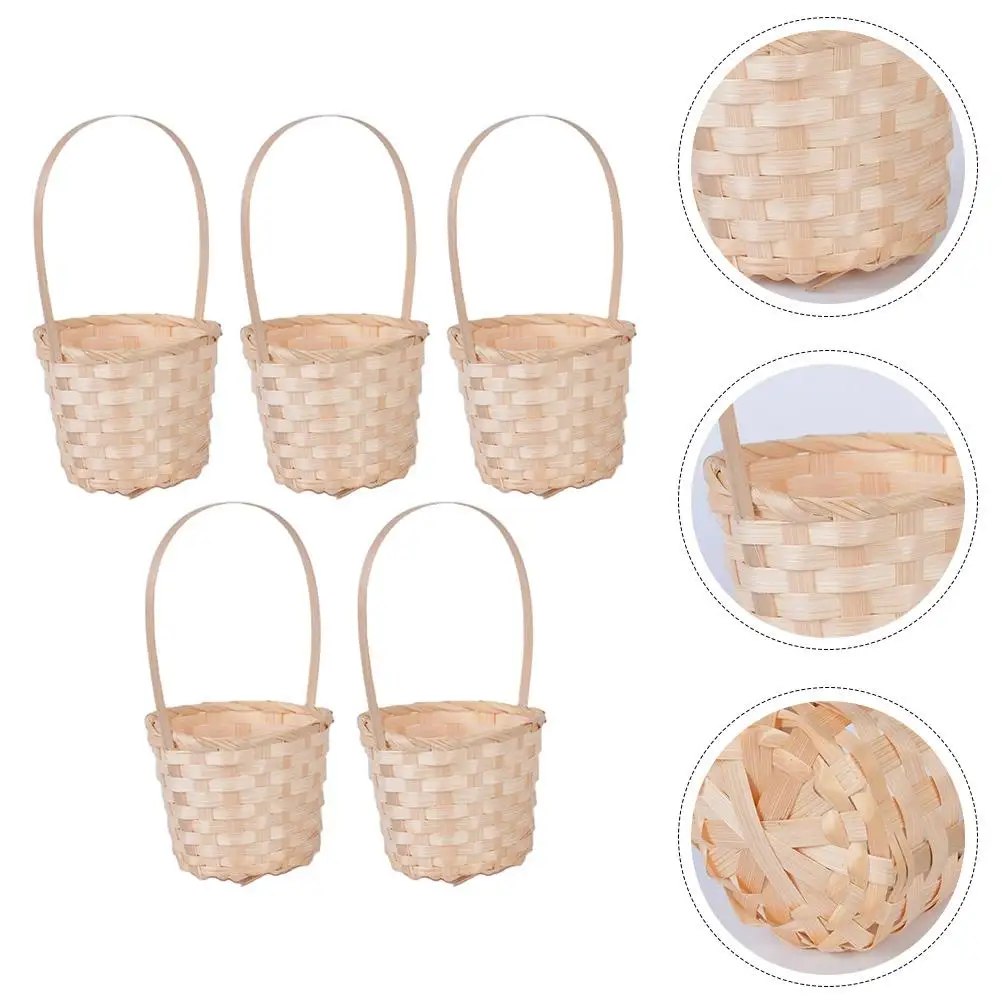 5 Pcs Basket Handmade Rustic Decorative Flower Container Storage Tote Fruit Flower Picnic Reusable Bamboo Container