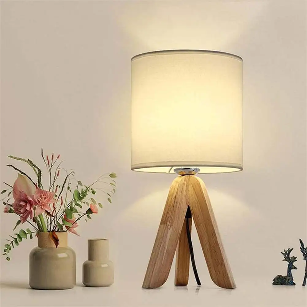 

Mid Century Table Lamps Wooden Tripod Nightstand Lamp With Linen Fabric Shade ON/Off Switch For Bedroom Living Room Nursery