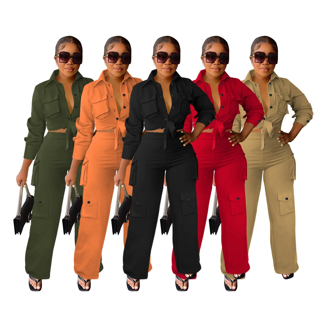 

Women's Autumn & Winter Two-Piece Set Overalls Fashion Solid Color Long-Sleeved Jacket Coat & Multi-Pocket Wide-Leg Pants Suit