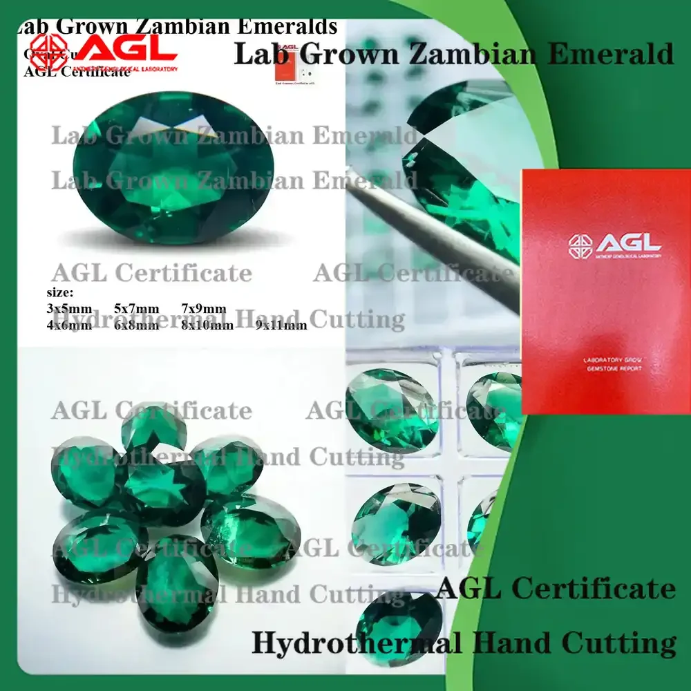 

Lab Grown Zambian Emeralds Oval Cut Hydrothermal for Jewelry Making Natural Green Color with Inclusions Certificate AGL Lab