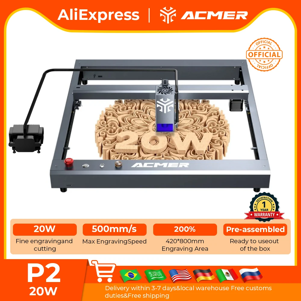 

ACMER P2 20W Laser Engraving and Cutting Machine with Air-assisted Pump Woodworking Engraving Machine Working Area 420x400mm