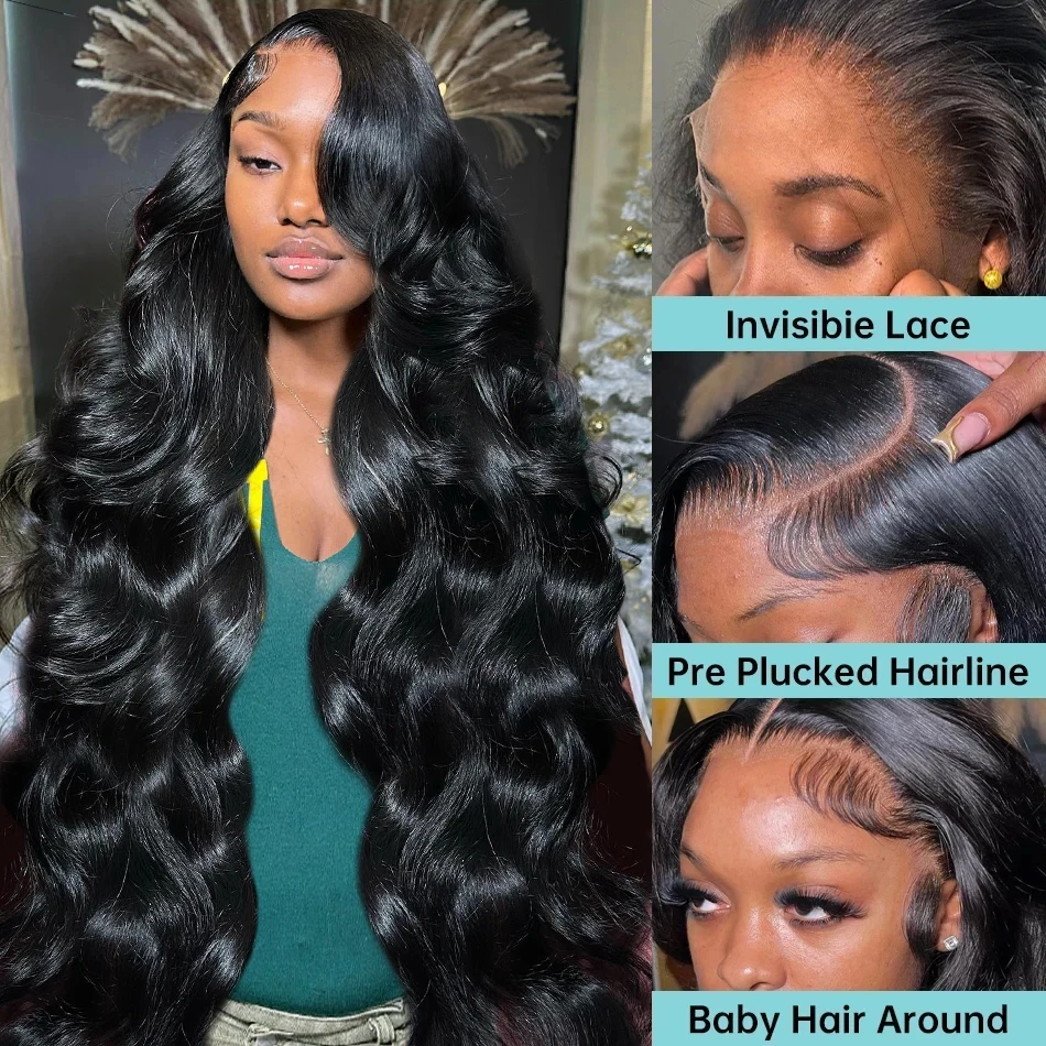 Perruque Lace Front Wig Body Wave naturelle sans colle, cheveux humains, transparent HD, 13x6