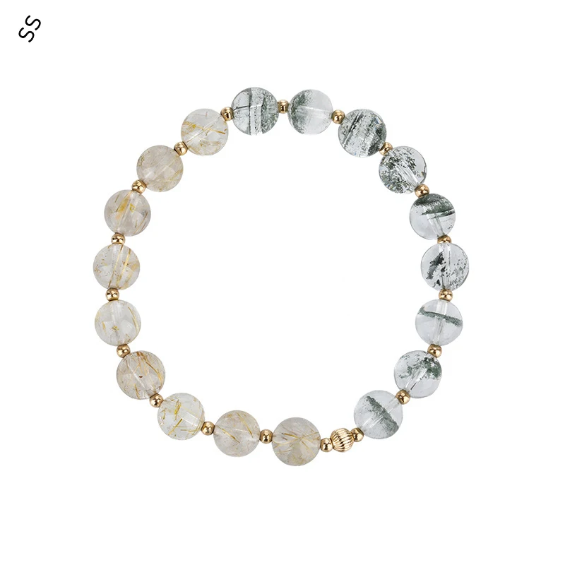 

Natural Crystal Bracelet Garden Crystal Rutilated Quartz Beaded Hand Strand Chain Copper Plated Wrist Decoration Accessory Jewel