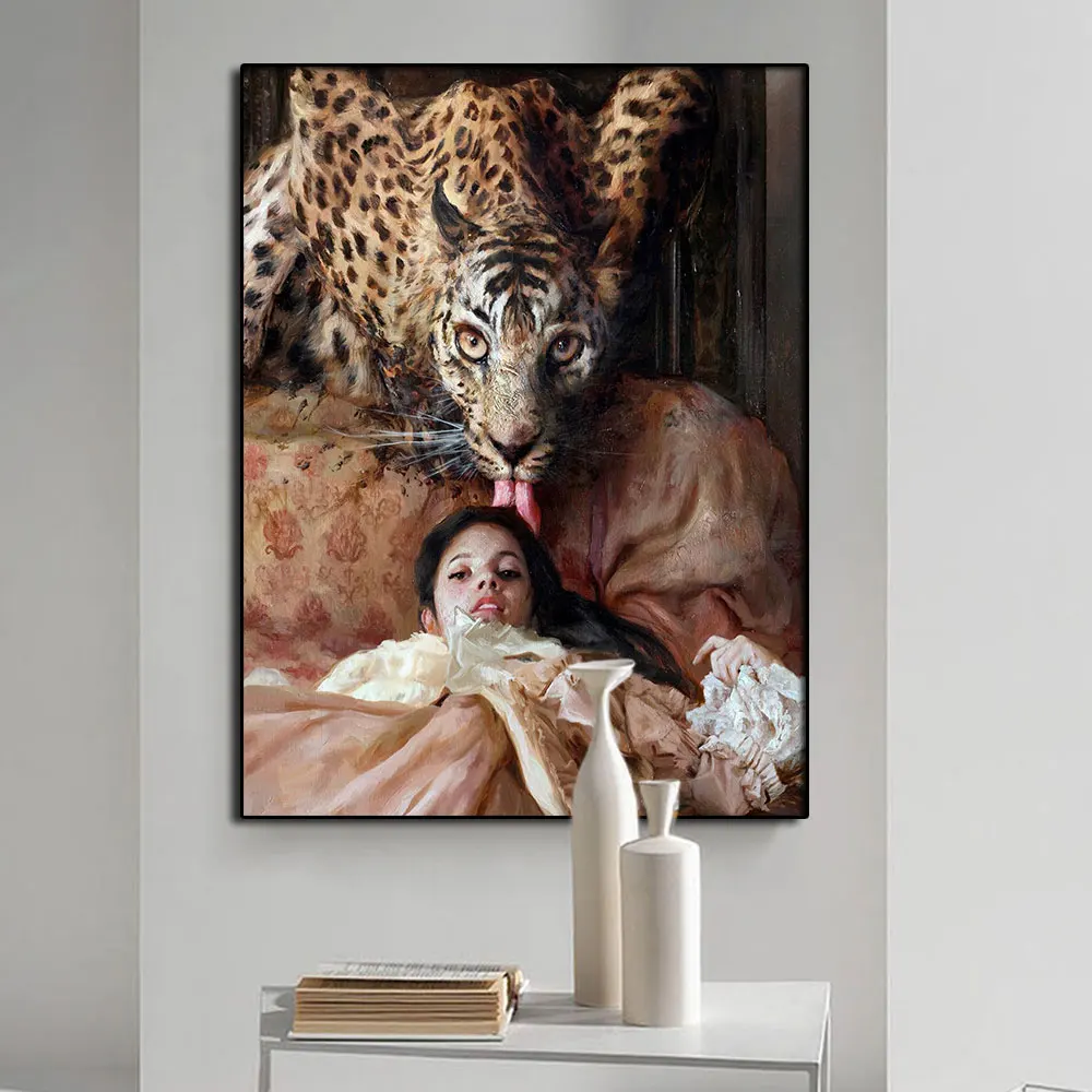 Woman& Cheetah Canvas Painting Oil Art Girl is Lying on the Bed Poster and Print Wall Picture for Living Room Cuadros Home Decor