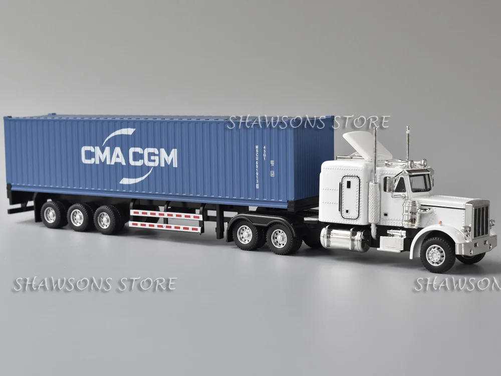 

1:50 Diecast Model Semi Truck Toys Peterbilt 389 Tractor With Plastic Container Trailer Miniature Replica Pull Back Sound Light