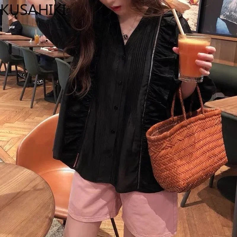 KUSAHIKI Ruffle Puff Half Sleeve V Neck Blouse 2023 Summer Korean Style Women Shirts Tops Causal Solid Blusas Camisas De Mujer