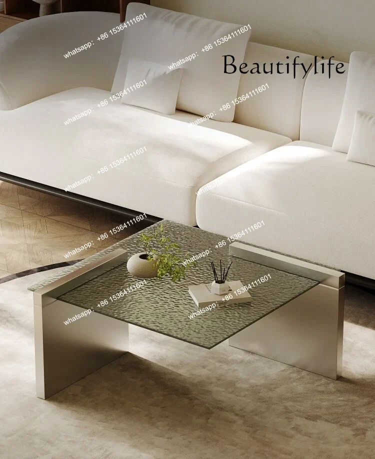 

yj5 square coffee table stainless steel light luxury high-end water ripple glass living room household small apartment modern si