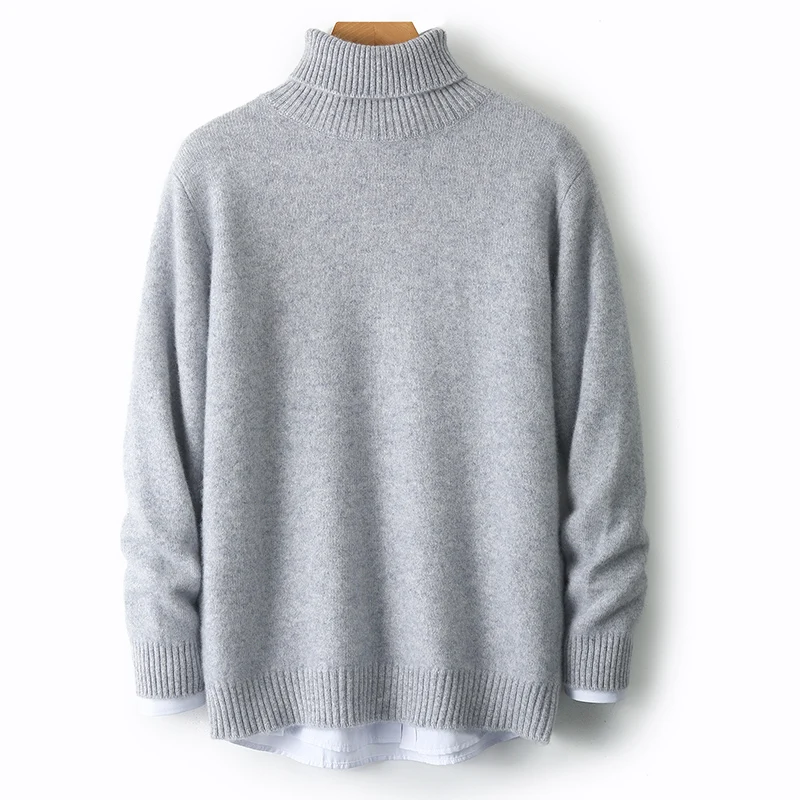 100% Wool Knitted Pullover Men's Turtleneck Thicken Sweater Autumn Winter Male Solid Color Long Sleeve Casual Slim Fit Shirt Top