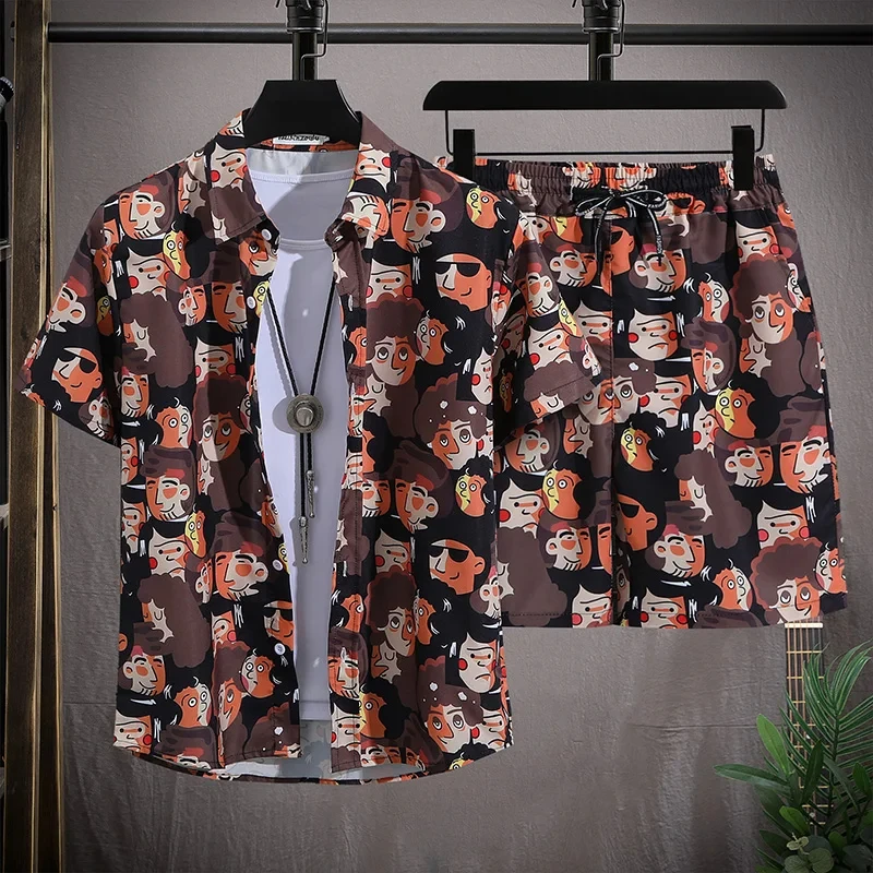 Conjunto de camisa de estilo playero para hombre, camisa con estampado 3D de un solo pecho y pantalones cortos, conjunto de 2 piezas de gran tamaño,