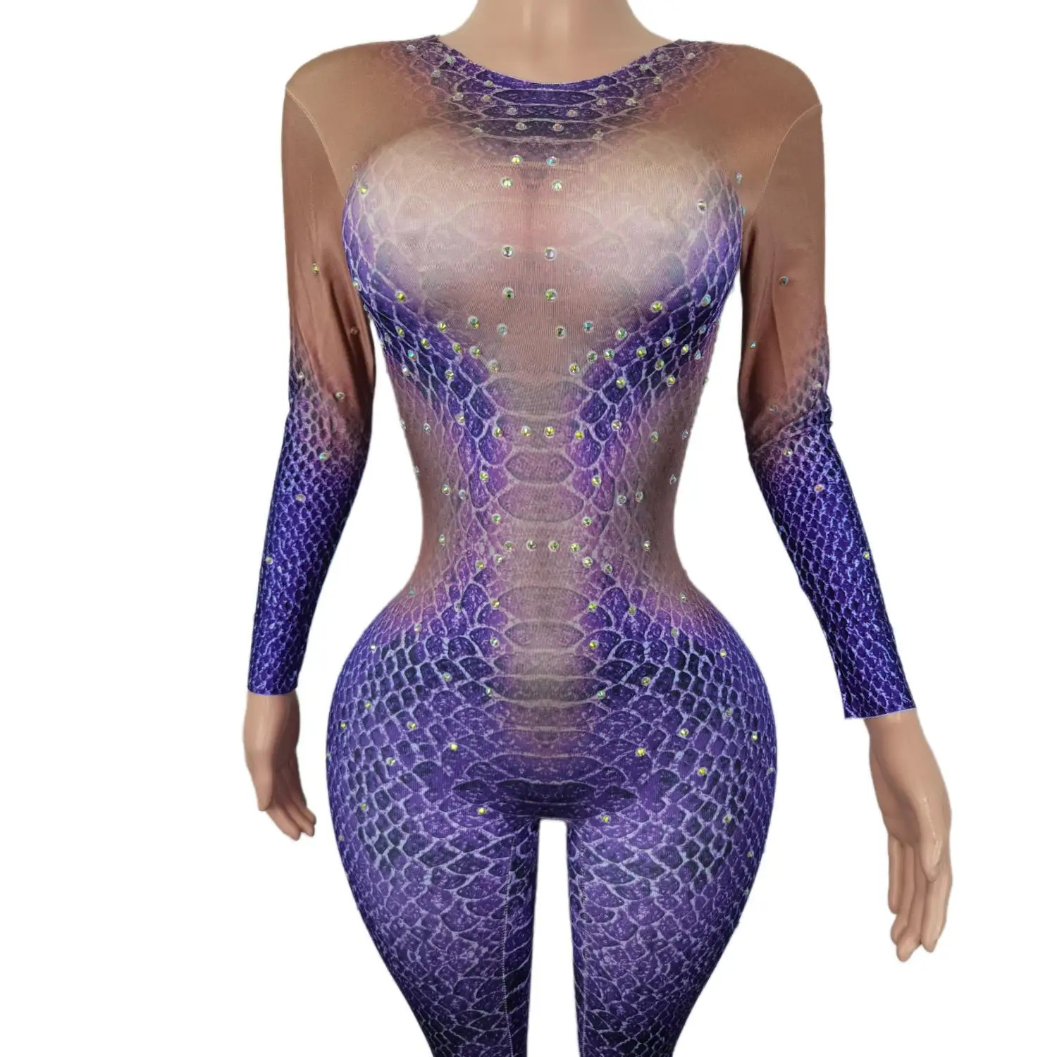 Stretch Tight Jumpsuits for Women Purple Snakeskin Pattern Rhinestone Bodysuits Cosplay Costumes Nightclub Showgirl Wear Zishe