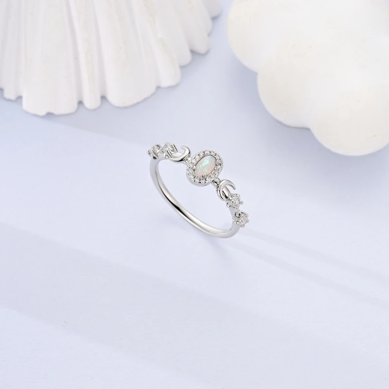 Women's 925 Sterling Silver Sparkling Stars Moon Opal Ring