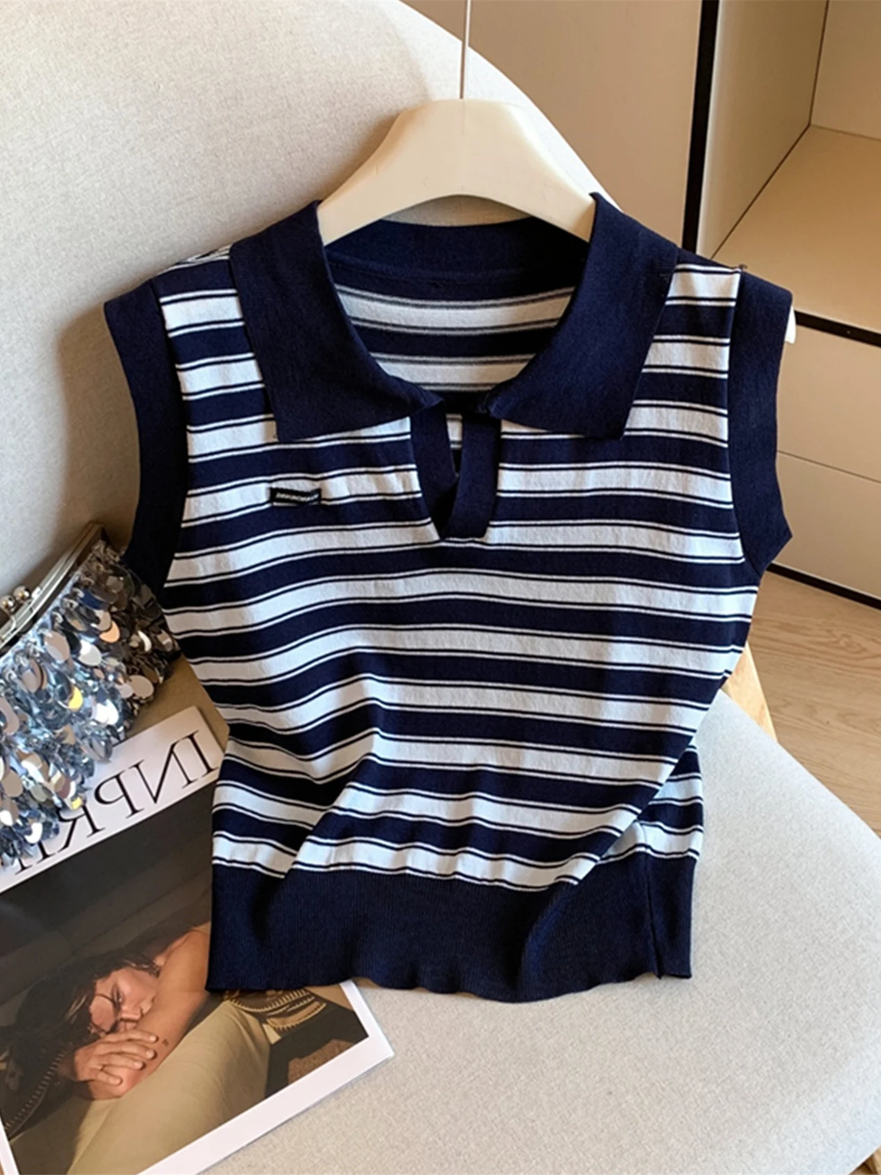 

Высококачественный женский вязаный жилет Ne Stripe Color Blo, летний Svel Faion Commute Sle, тонкое полиэфирное волокно