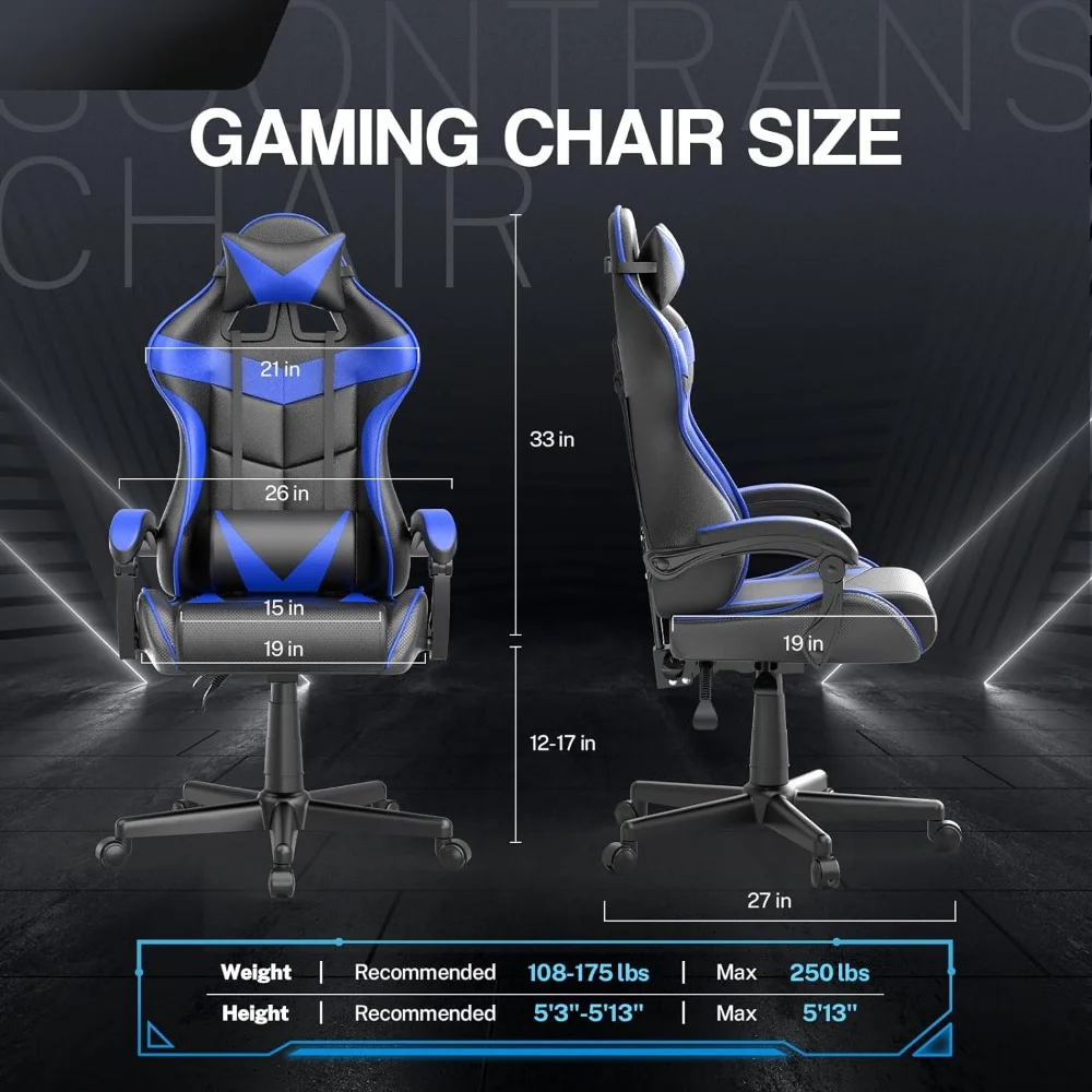 Blue Gaming Chairs with Massage,Ergonomic Computer Gamer Chair,Game Chair with Adjustable Headrest and Lumbar Support