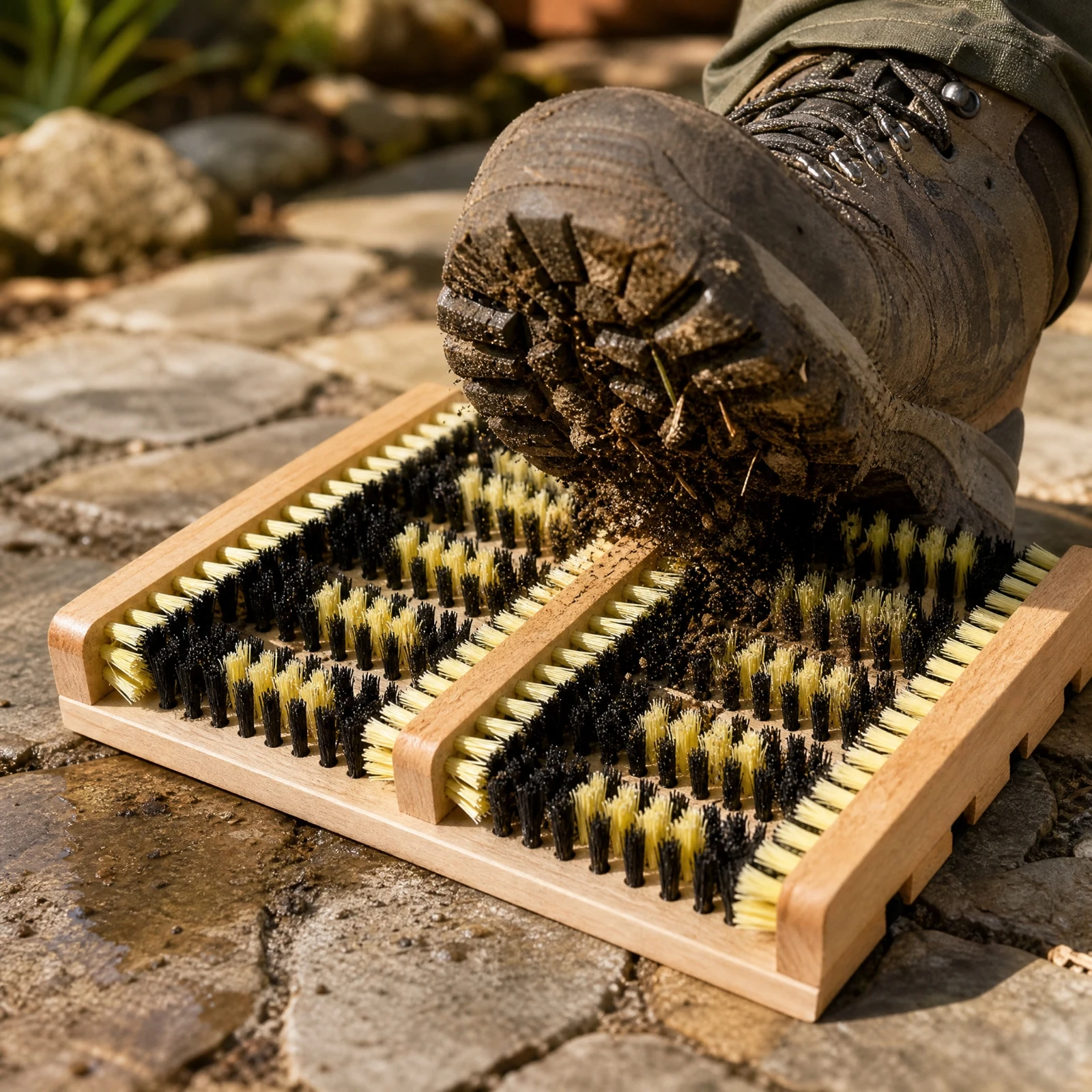 Boot Scrubber Long-Lasting Boot and Shoe Scrubber with Anti-Skid Strip Footwear Cleaning Brush with Wood Base Slim-Profile