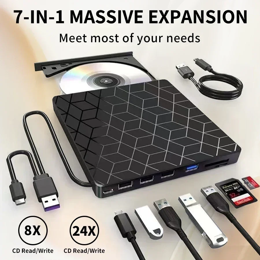 7 in 1 External CD/DVD Drive USB 3.0 Type C Portable DVD Player CD Burner External Disk Drive for Desktop Mac Windows Linux
