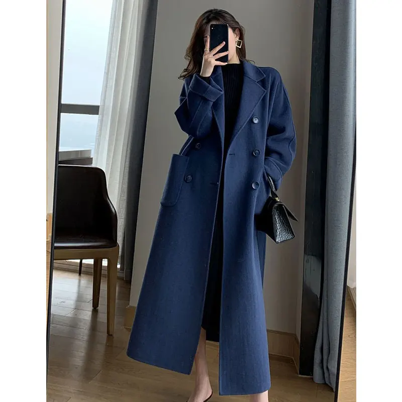 Winter Trench Coat For Women Elegant Fashion Korean Casual Wool Coat Navy Blue Lace-up Long Jacket  Black Woman Coat With Blet