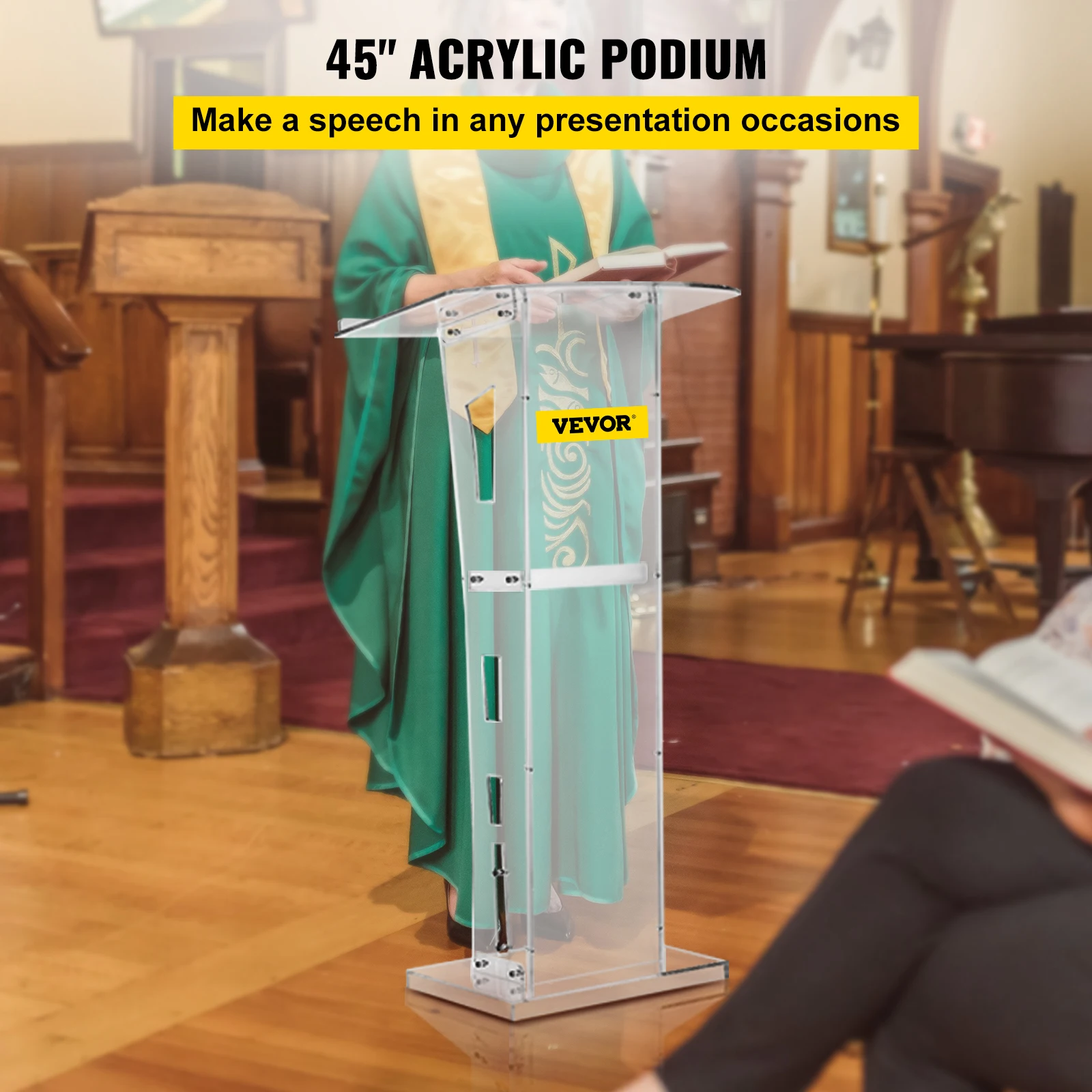 VEVOR Acrylic Podium 45in Tall Plexiglass Podium 47.5in School Table Acrylic Pulpits for Churches with 8 mm Thick Acrylic Board