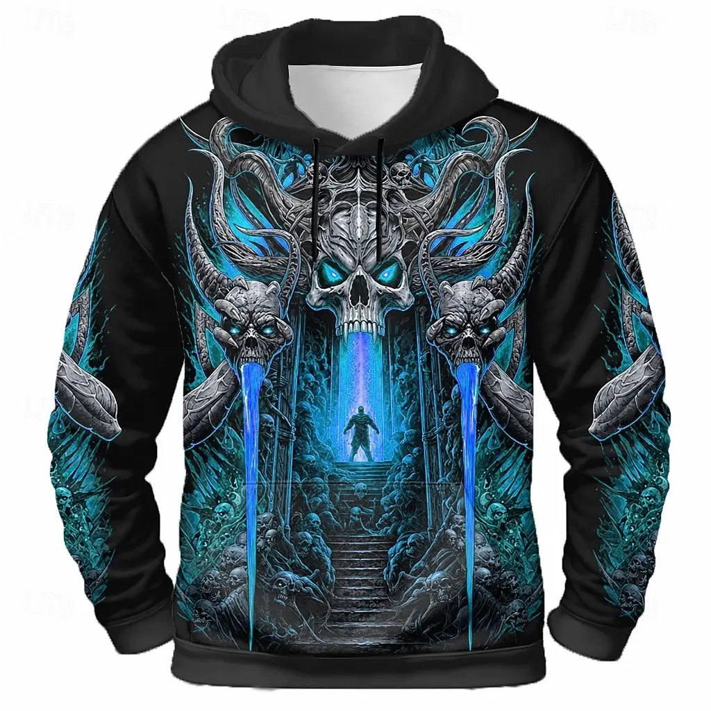 Men Hoodie Hell Gate Flame Demon Skull 3D Print Pullover Long Sleeve Hooded Sweatshirt